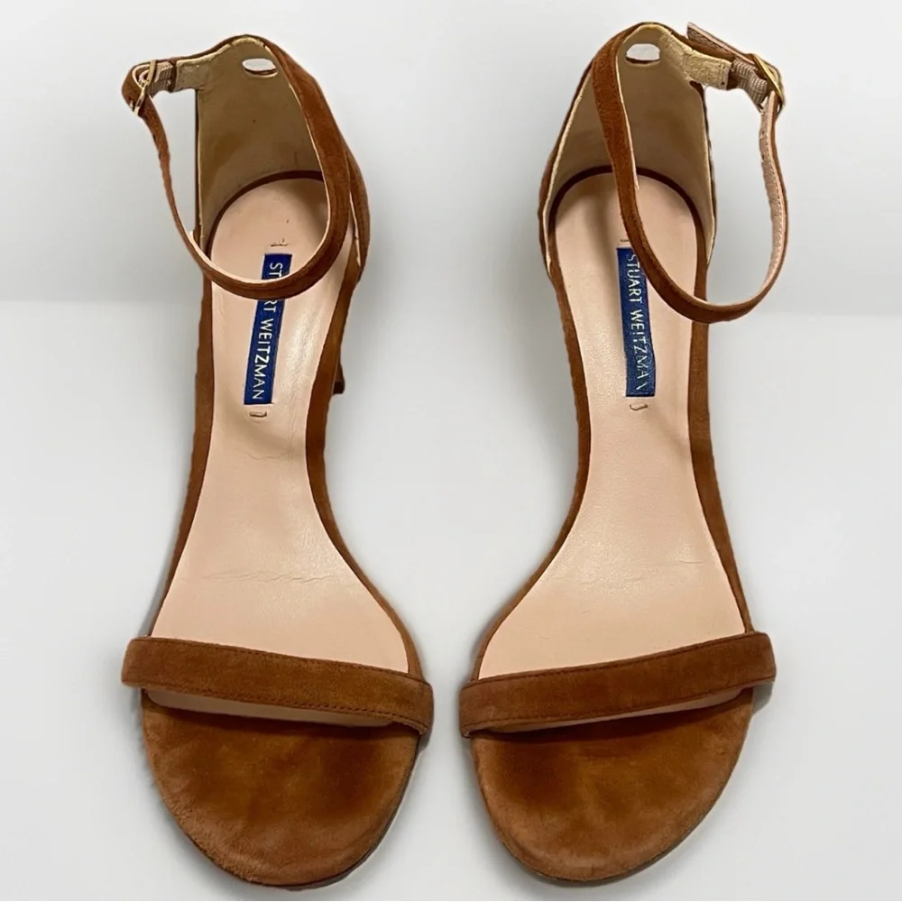 Stuart Weitzman Nudist II Designer Sandal Stiletto Heels Sz 7.5 Tan Suede Luxury